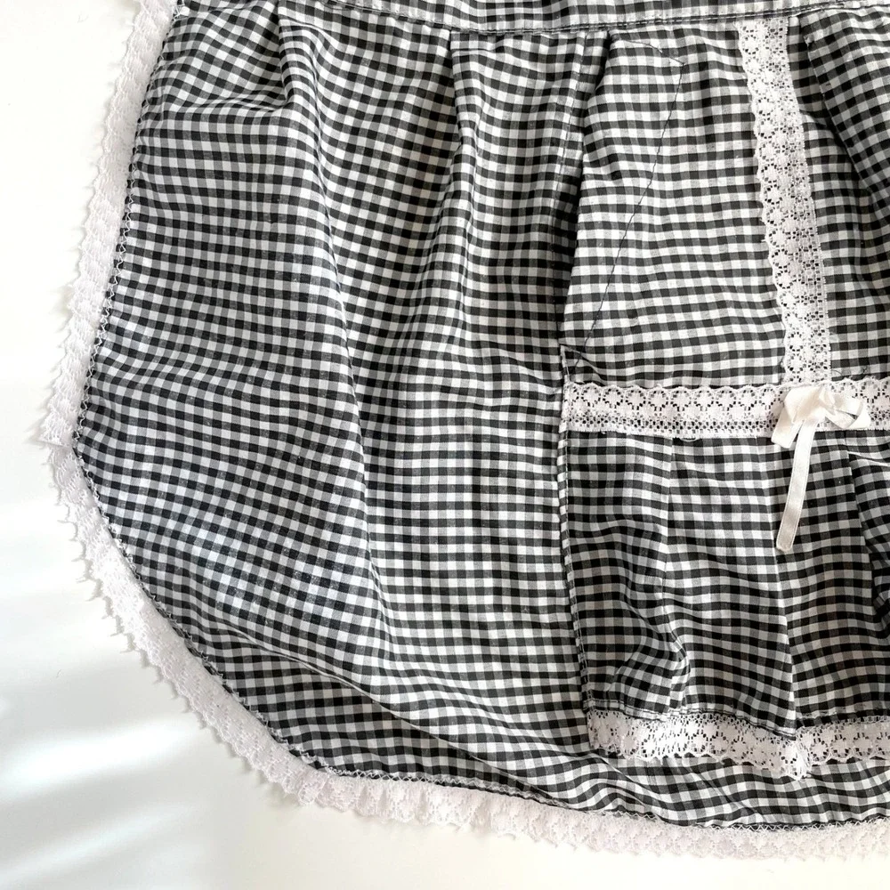 Vintage Gingham Half Apron Black White Check Lace Trim Bows Cottagecore Retro